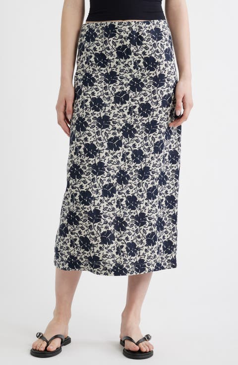 Floral Print Linen Midi Skirt