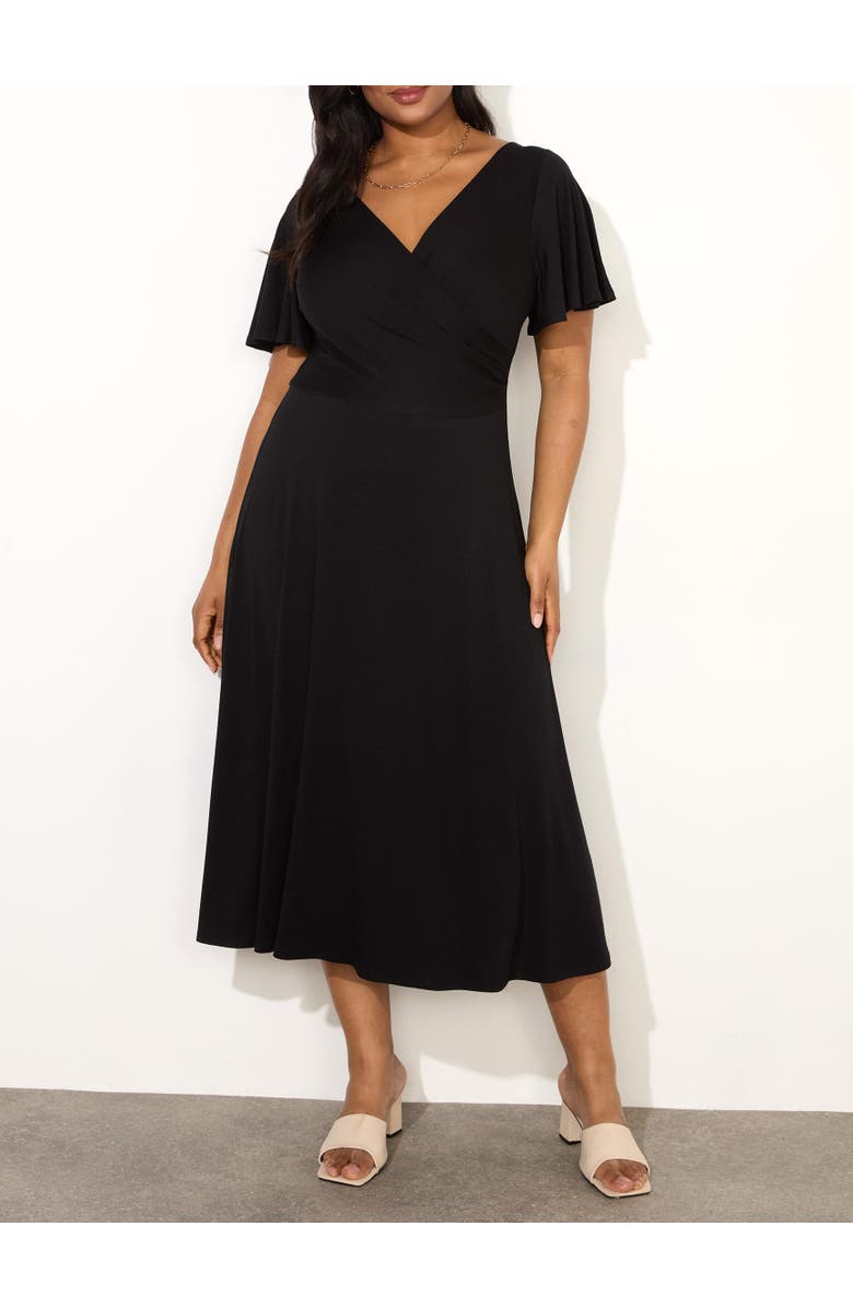 Live Unlimited Ditsy Jersey Flutter Sleeve Wrap Dress, Alternate, color, Black