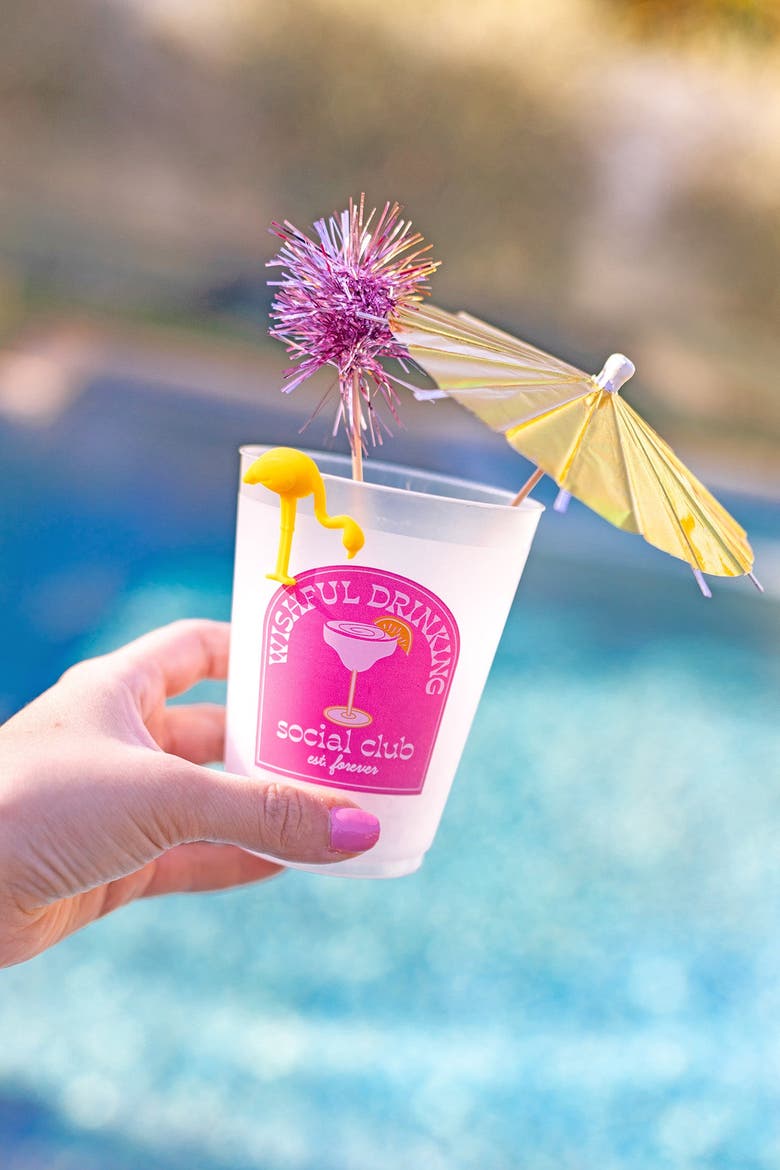 Wishful Drinking Pink Pom Pom Reusable Stackable Cups Set of 10 - 16 oz Shatterproof Party Cups with Pink Pom Pom Stirrers, 6.5x2.5 Inch, Alternate, color, Multicolor