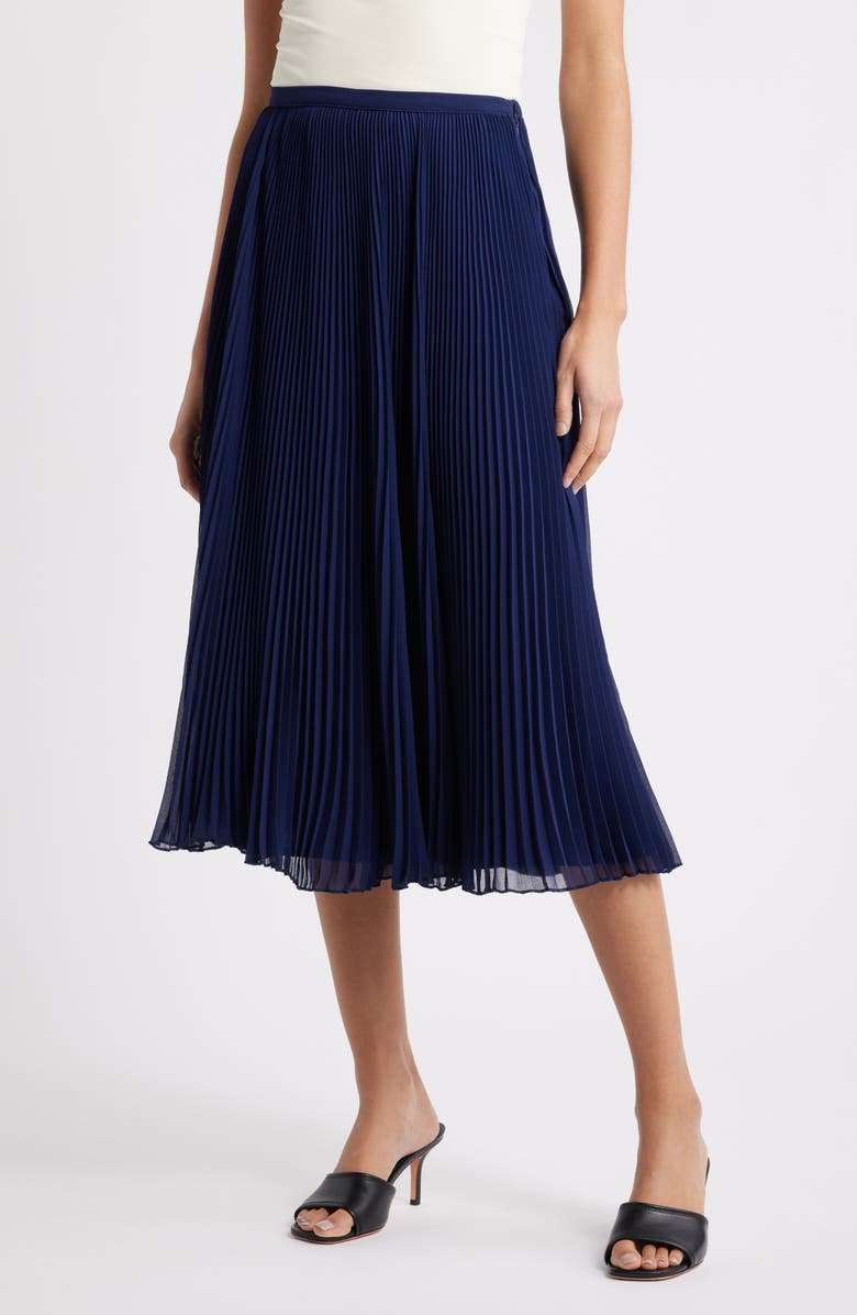 Reformation Kella Pleated Skirt, Main, color, Navy