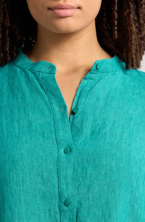 Eileen Fisher Band Collar Long Sleeve Organic Linen Shift Dress In Green