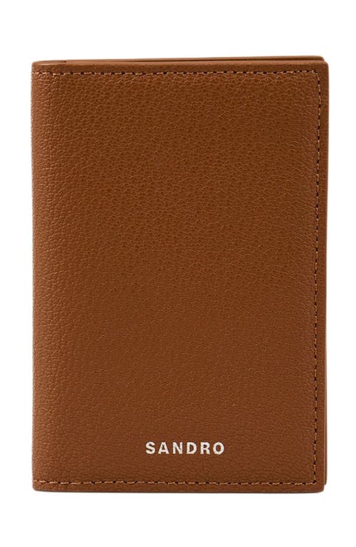 Sandro Mens Cognac Grained Leather Card Holder In Brown
