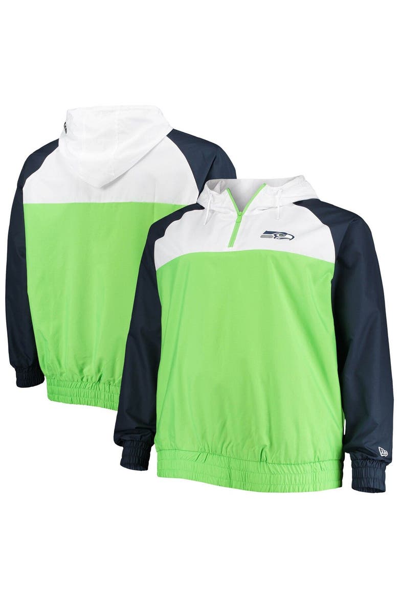 Men's New Era Neon Green/College Navy Seattle Seahawks Big & Tall League Raglan Quarter-Zip Hoodie, Main, color, Neon Green