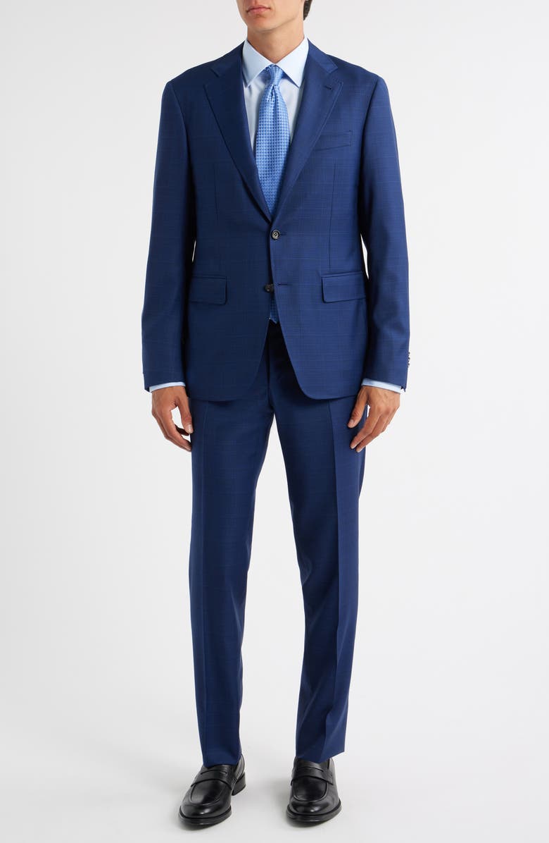 Canali Kei Trim Fit Shadow Plaid Wool Suit, Main, color, Navy