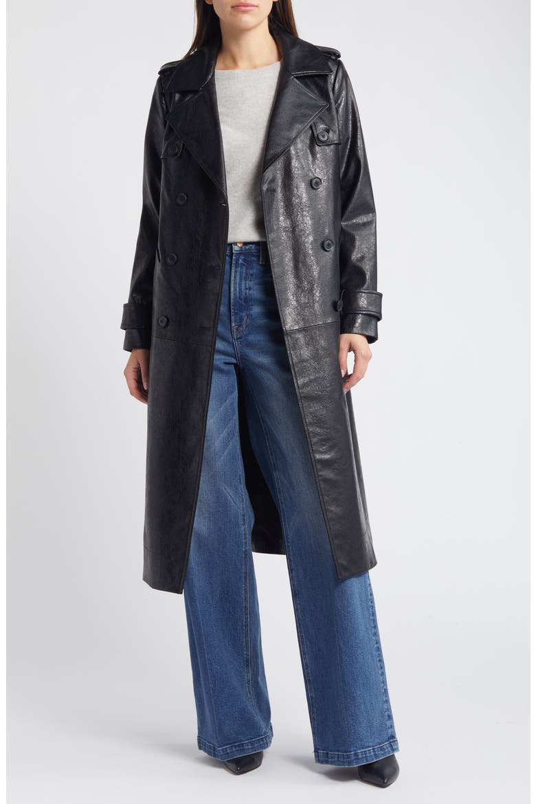 Belted Double Breasted Faux Leather Trench Coat, Alternate, color, BLACK