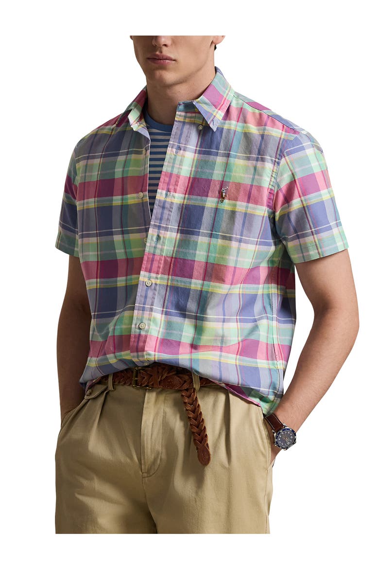Big & Tall Plaid Oxford Sport Shirt V3, Main, color, JWEL BLE RSPBRY MLTI