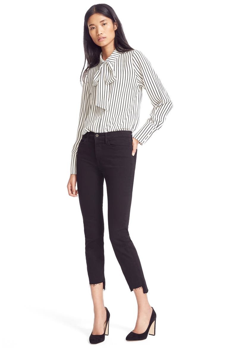 Tie Neck Stripe Silk Blouse (Nordstrom Exclusive), Alternate, color, BLANC/ NOIR CLASSIC STRIPE