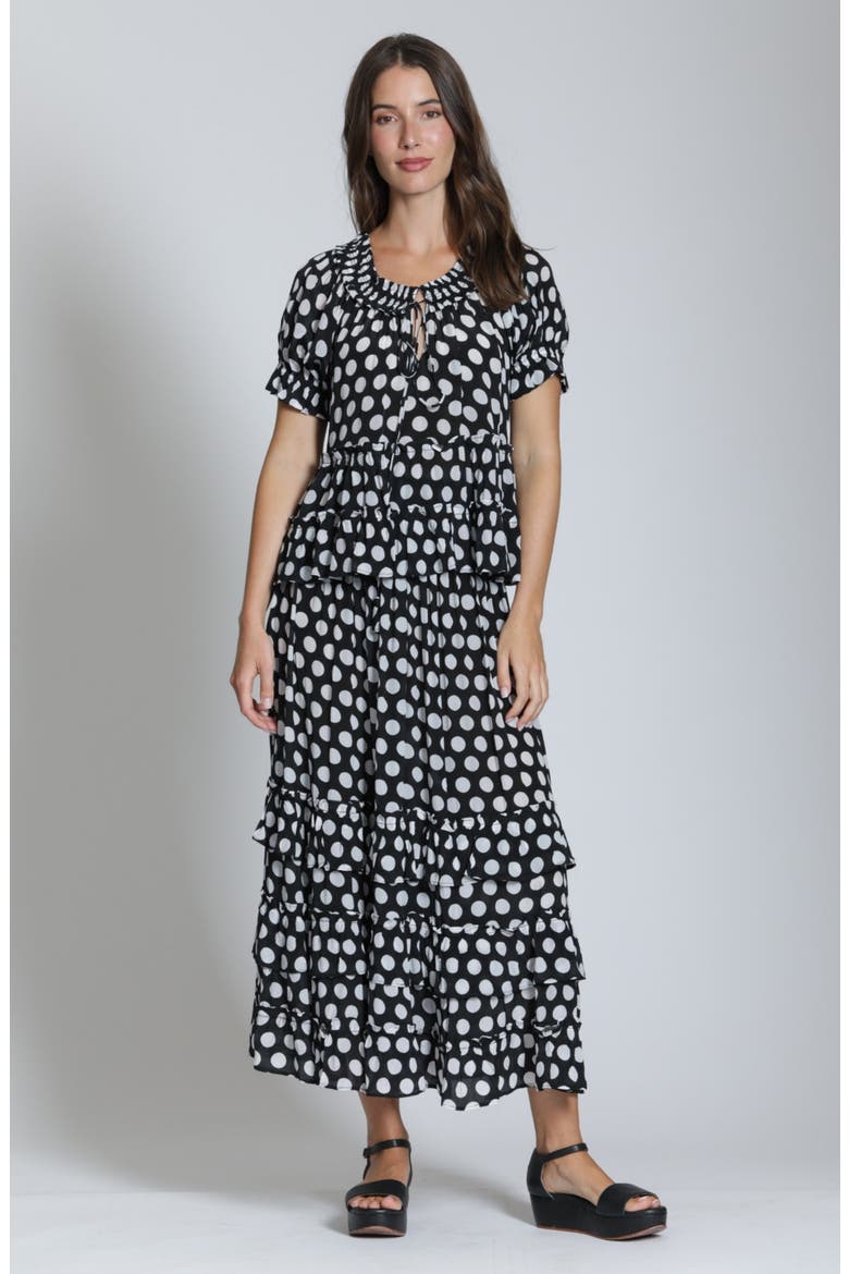 Tiered Ruched Tie Neck Top, Alternate, color, BLACKWHITE
