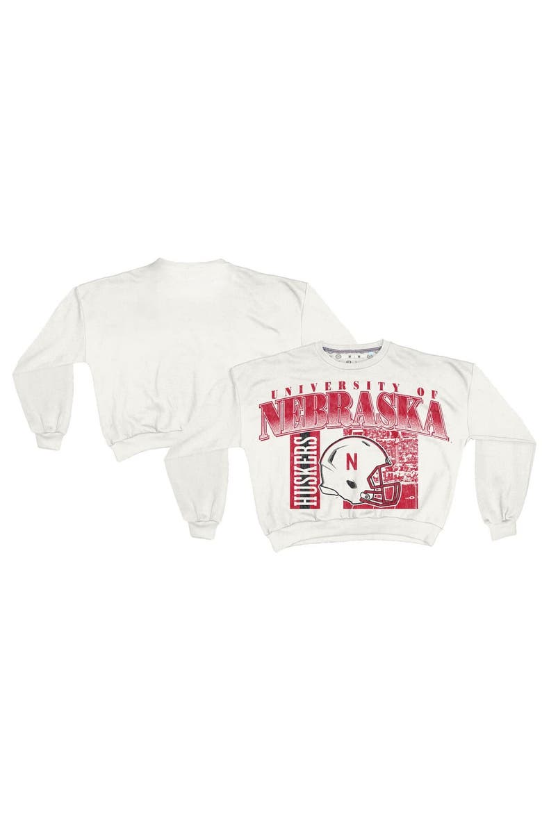Women's Pressbox White Nebraska Huskers Oversized Janice Retro Waist-Length Sweatshirt, Main, color, White