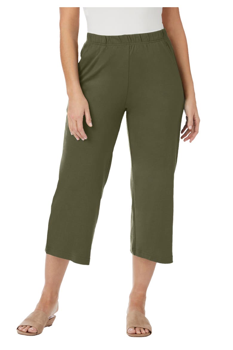 Soft Ease Cotton Knit Cropped Wide Leg Pant, Main, color, DARK OLIVE GREEN