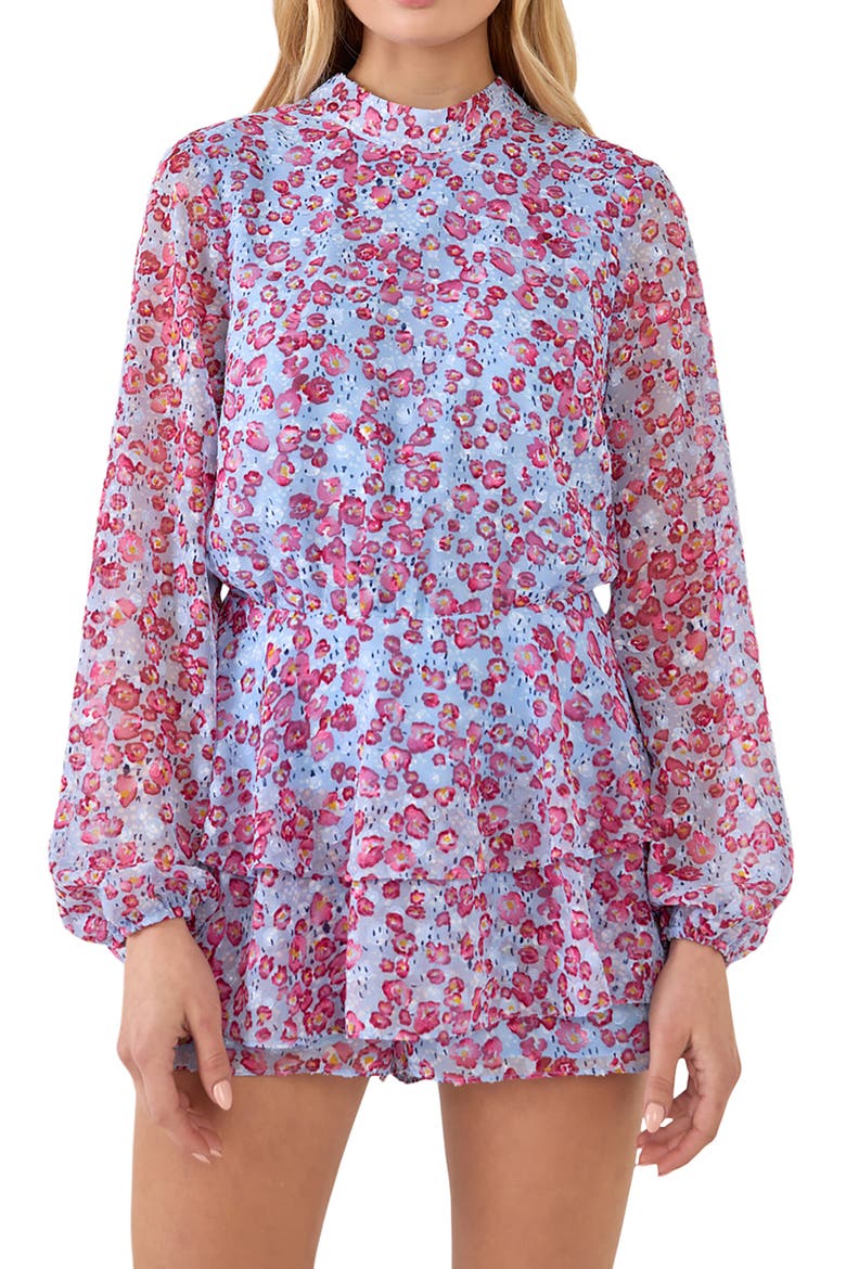 Floral Long Sleeve Romper, Alternate, color, BLUE/ PINK