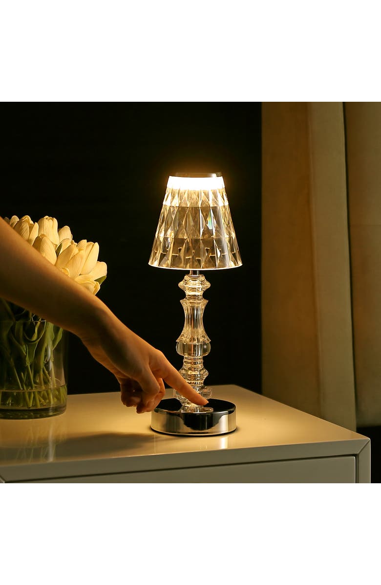 JONATHAN Y Lillian Bohemian Classic Acrylic Rechargeable Integrated Portable LED Table Lamp, Alternate, color, Clear/Chrome