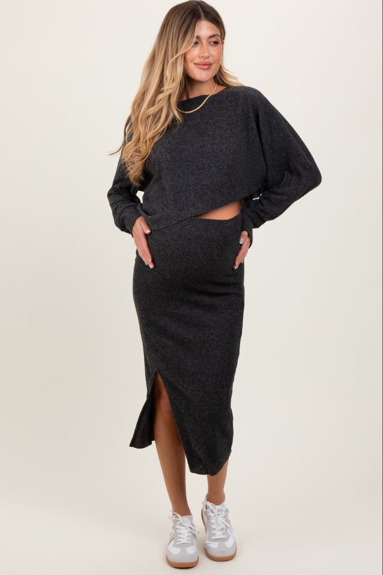 Ribbed Knit Asymmetric Top Midi Skirt Set, Alternate, color, Charcoal Grey
