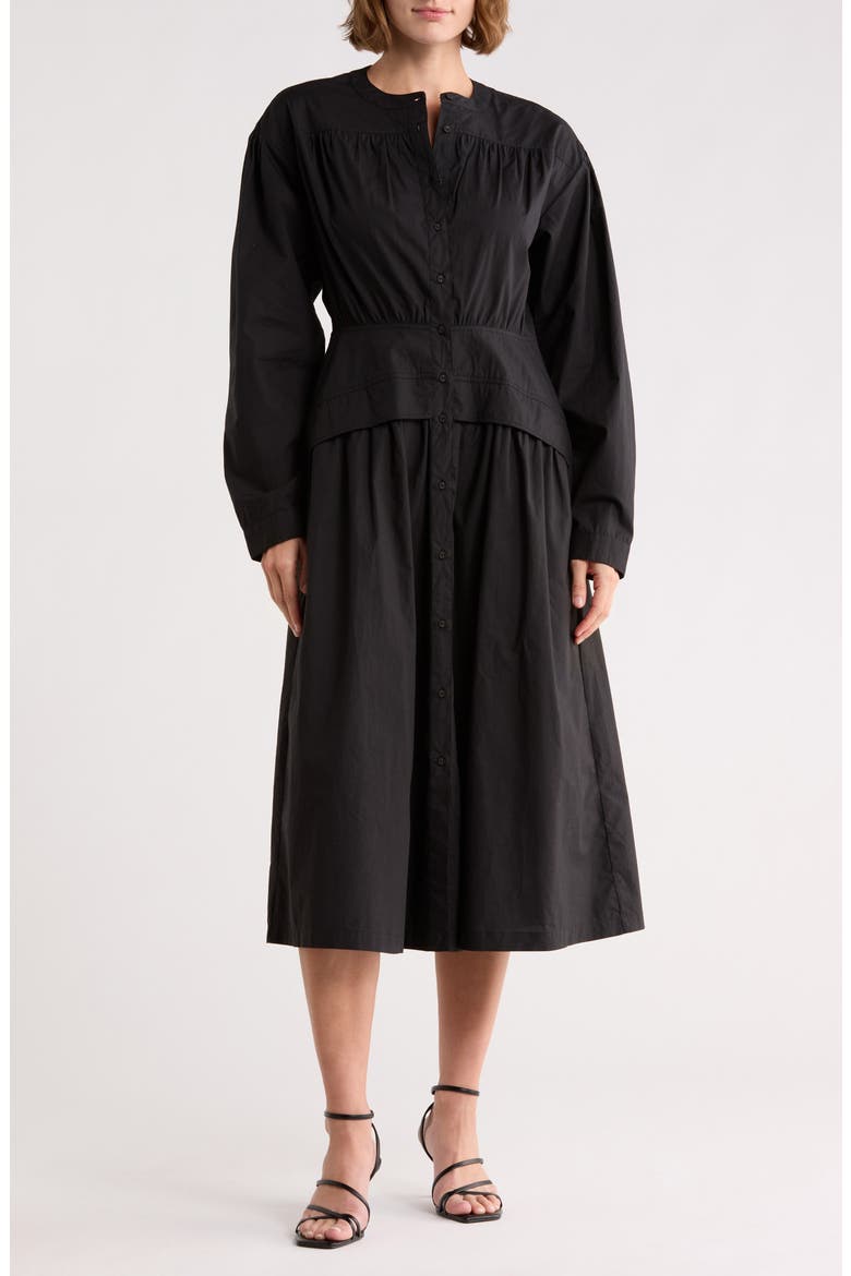 Long Sleeve Button Front Cotton Dress, Main, color, BLACK