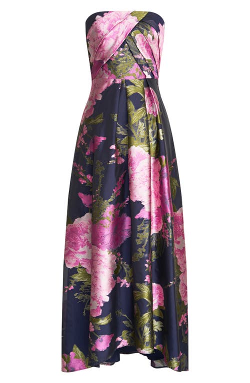 Kay Unger Holly Floral Print Strapless Gown In Azalea Pink