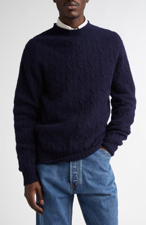 Drake's Brushed Shetland Wool Cable Knit Crewneck Sweater in 250 New Navy 