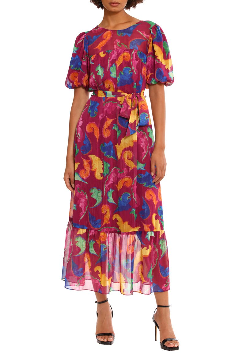 Floral Tiered Puff Sleeve Tie Waist Dress, Main, color, RIPE PLUM/ AZALEA