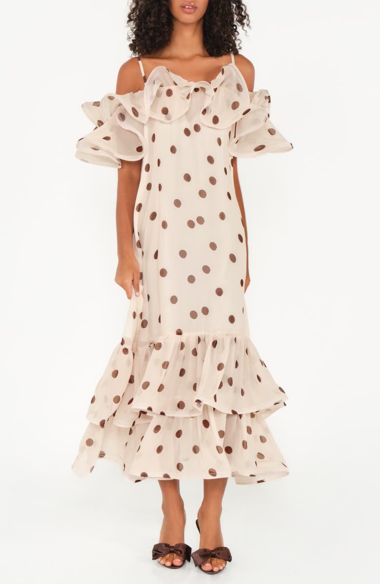 The Lulo Project Barefoot Ruffle High-Low Maxi Dress, Main, color, Polka Dots Brown