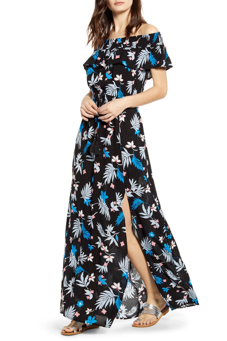 Floral Print Off the Shoulder Maxi Dress, Main, color, BLACK/ LIGHT BLUE