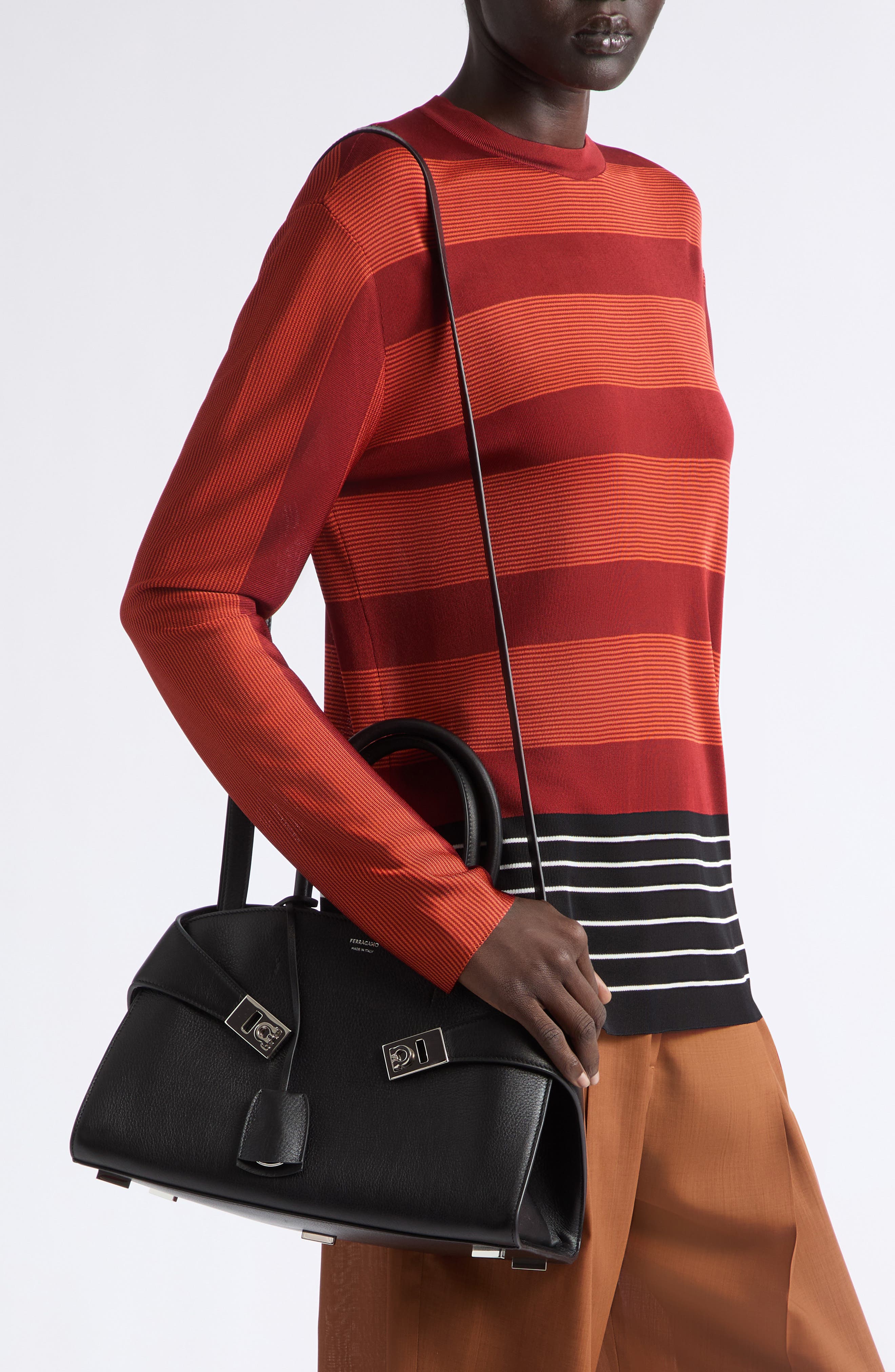 Small Hug Scarf Print Leather Top Handle Bag, Alternate, color, BLACK