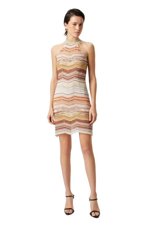 Short Sleeveless Chevron Lamé Dress With Sequins And Halter Neckline