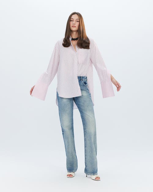 Theo The Label Echo Side Button Boyfriend Stripe Shirt In Multi