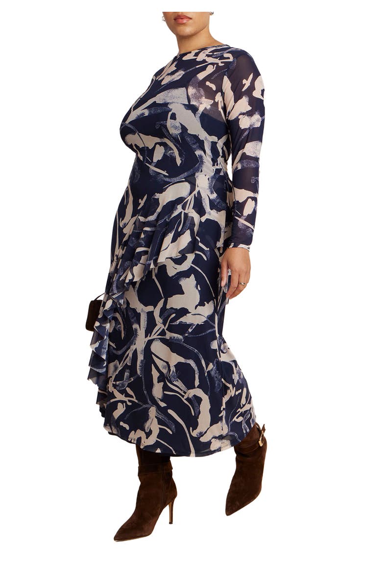 Asym Printed Midi Dress, Main, color, INK BLOTCH NAVY