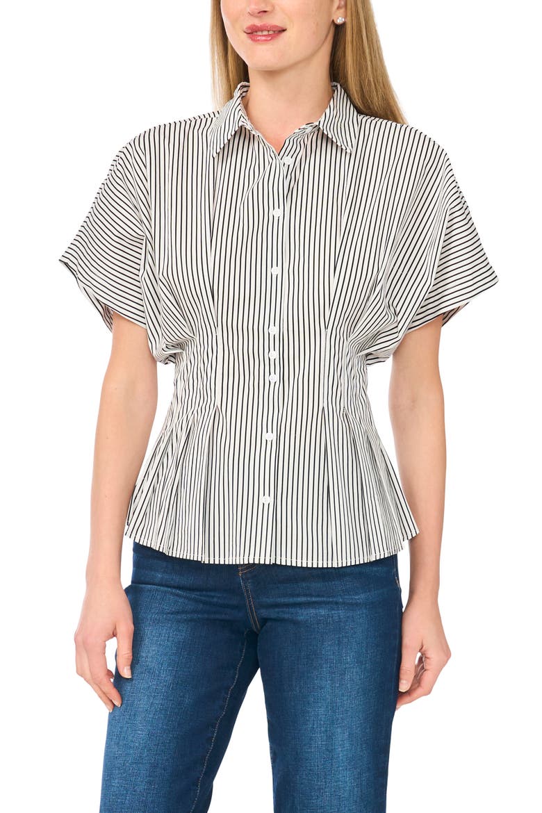 Stripe Short Sleeve Pleated Button-Up Shirt, Main, color, NEW IVORY