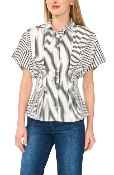 Stripe Short Sleeve Pleated Button-Up Shirt
