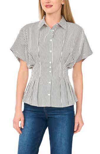 Stripe Short Sleeve Pleated Button-Up Shirt
