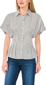 Halogen® Stripe Short Sleeve Pleated Button-Up Shirt