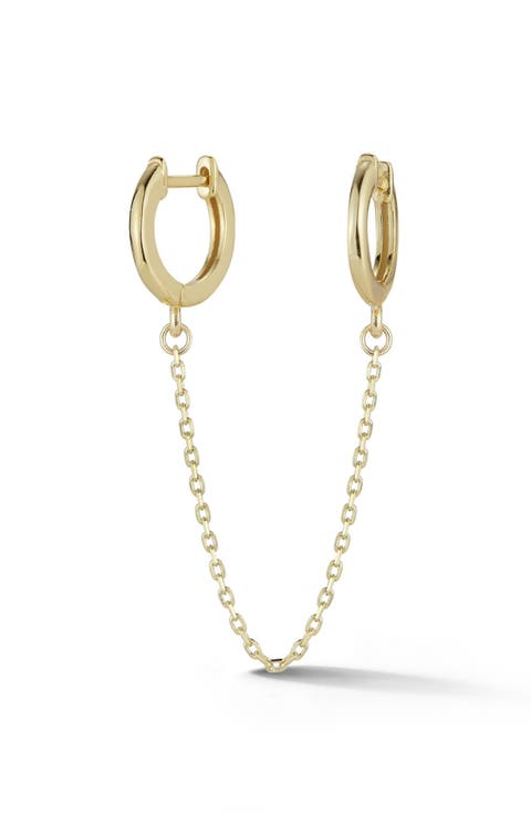 14K Gold Double Piercing Chain Drop Earring