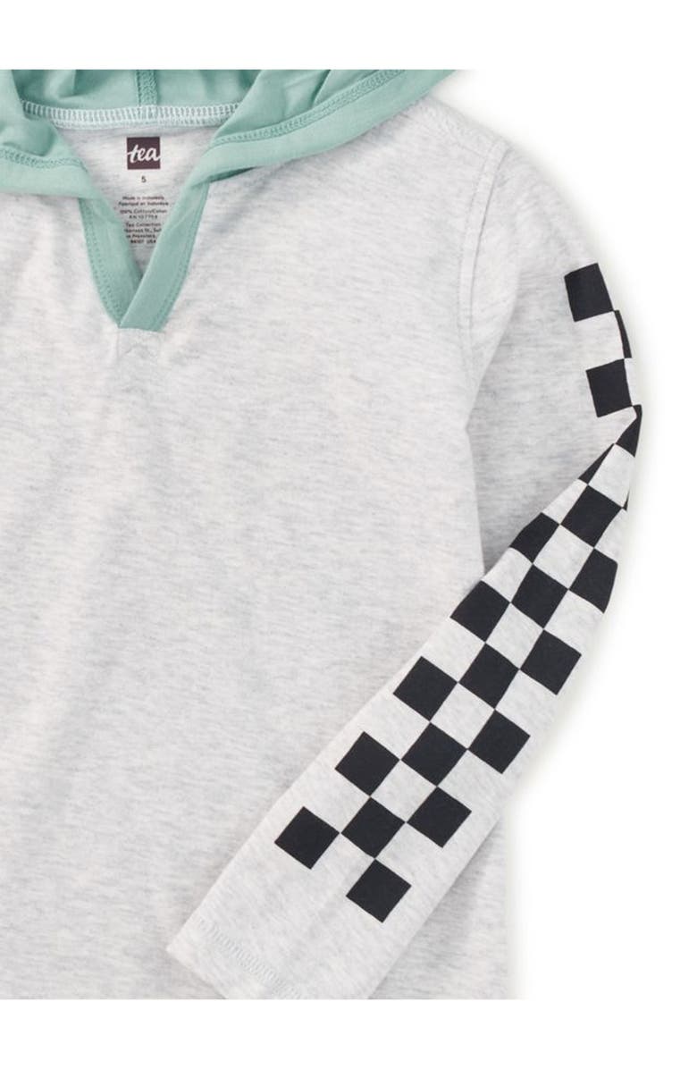 Tea Collection Checker Sleeves Happy Hoodie, Alternate, color, Light Grey Heather