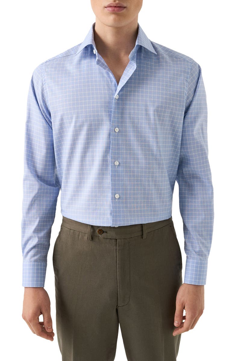 Eton Contemporary Fit Check Cotton Dress Shirt, Main, color, Blue