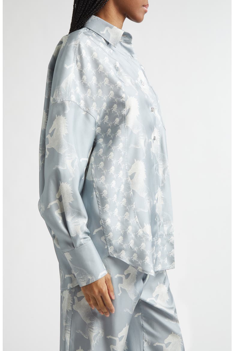 Horse Print Paneled Silk Button-Up Shirt, Alternate, color, BLUE/ CREAM