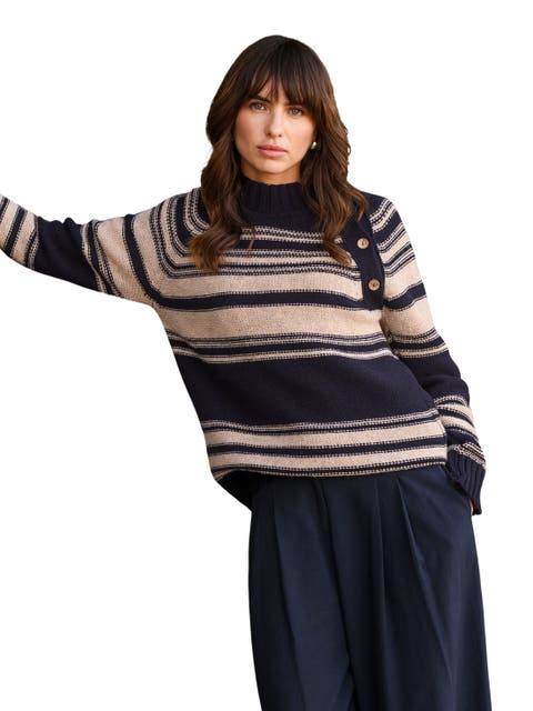 Pure Wool Stripe Button Neck Sweater