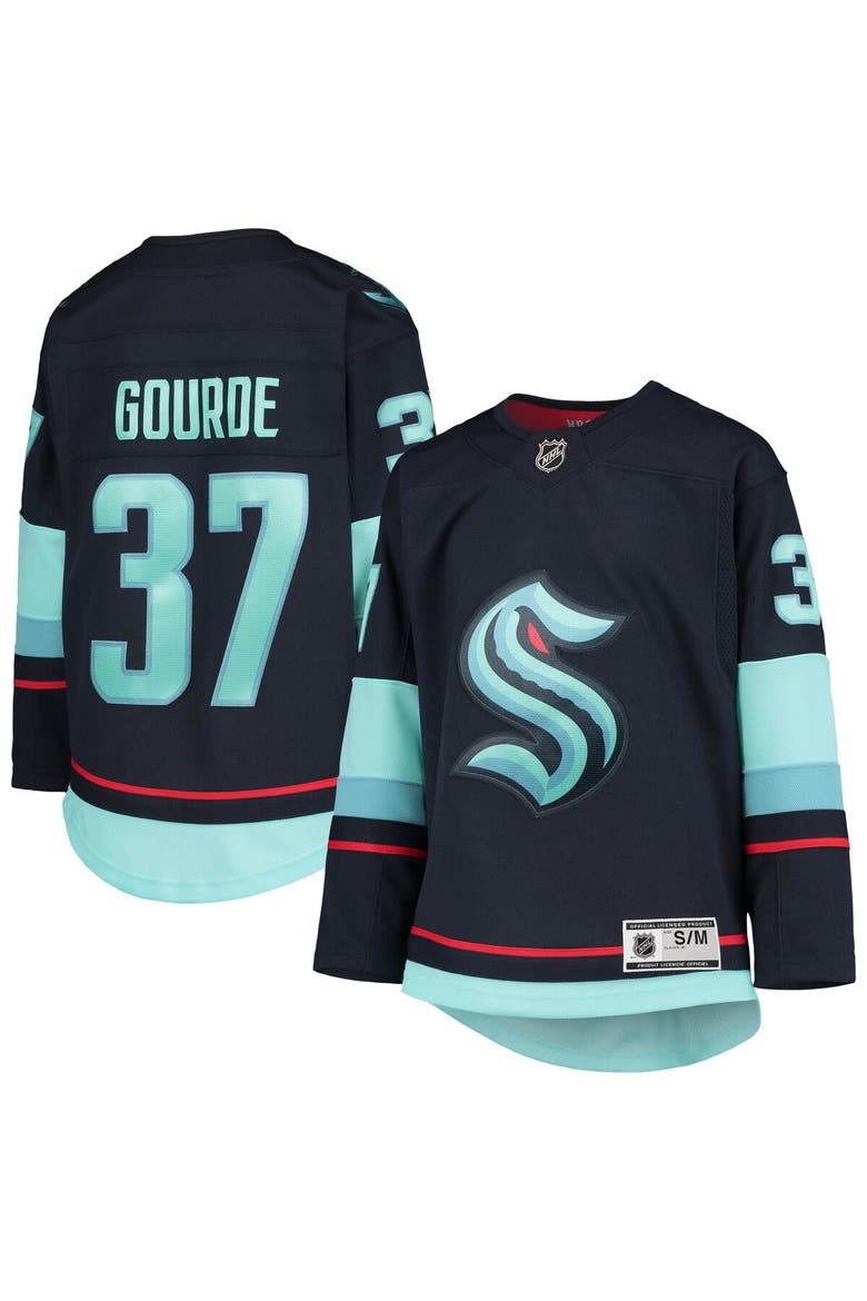 Youth Yanni Gourde Deep Sea Blue Seattle Kraken Home Premier Player Jersey, Main, color, Navy