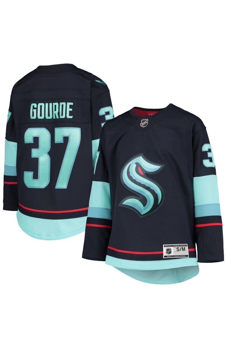 Outerstuff Youth Yanni Gourde Deep Sea Blue Seattle Kraken Home Premier Player Jersey, Main, color, Navy