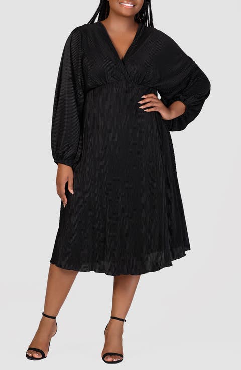Pleat Long Sleeve Fit & Flare Dress (Plus)