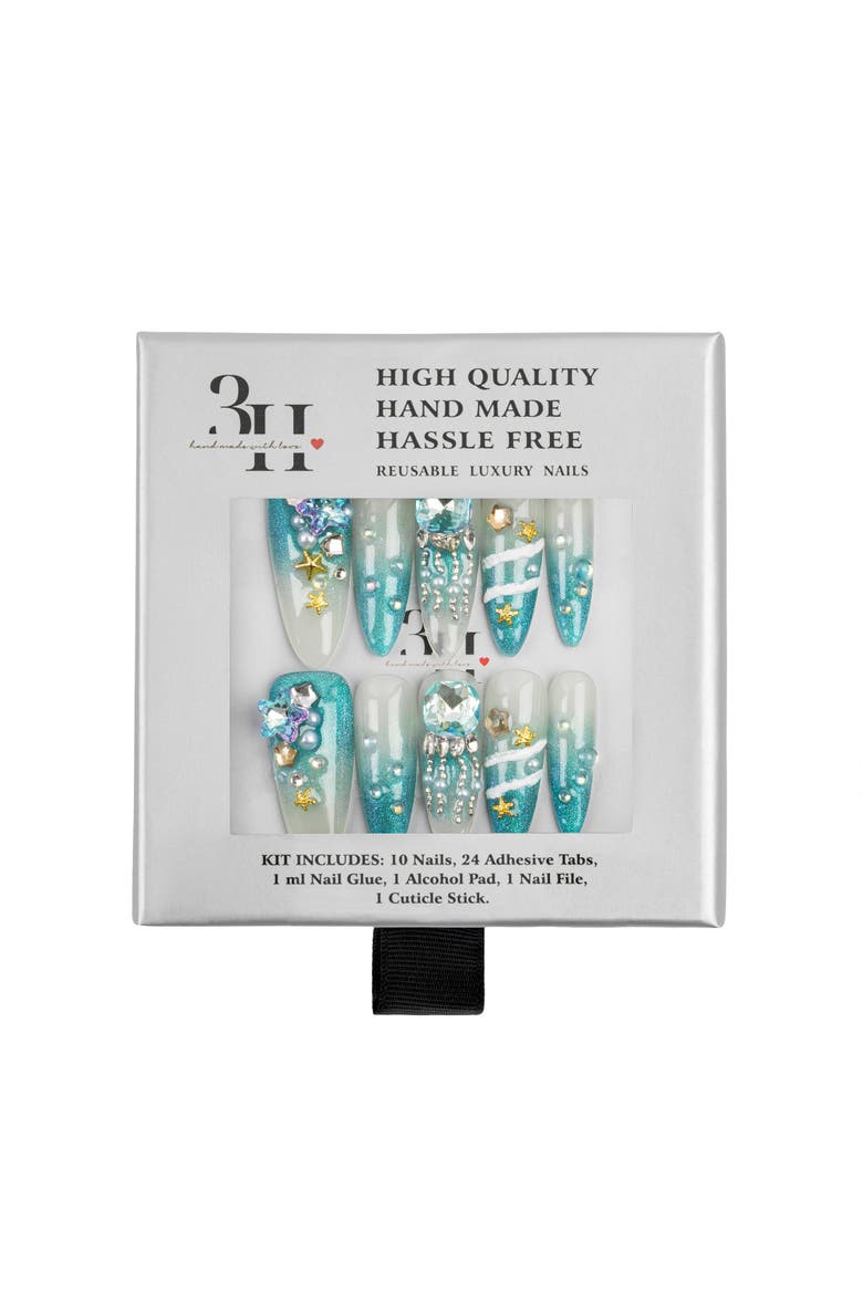 Ocean Goddess Luxury Handmade Press On Nails, Alternate, color, teal ombré nails
