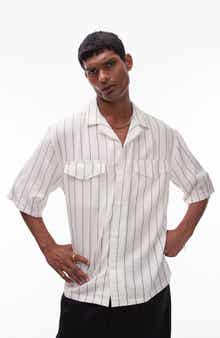 Textured Stripe Short Sleeve Button-Up Camp Shirt