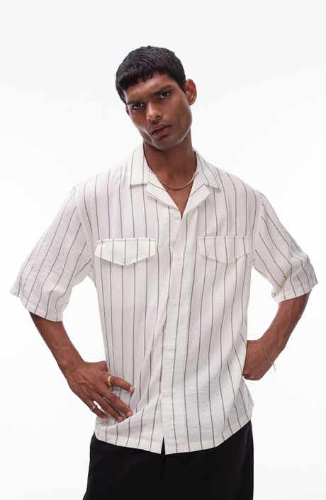 Textured Stripe Short Sleeve Button-Up Camp Shirt