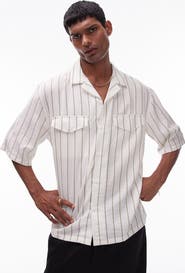 Topman Textured Stripe Short Sleeve Button-Up Camp Shirt