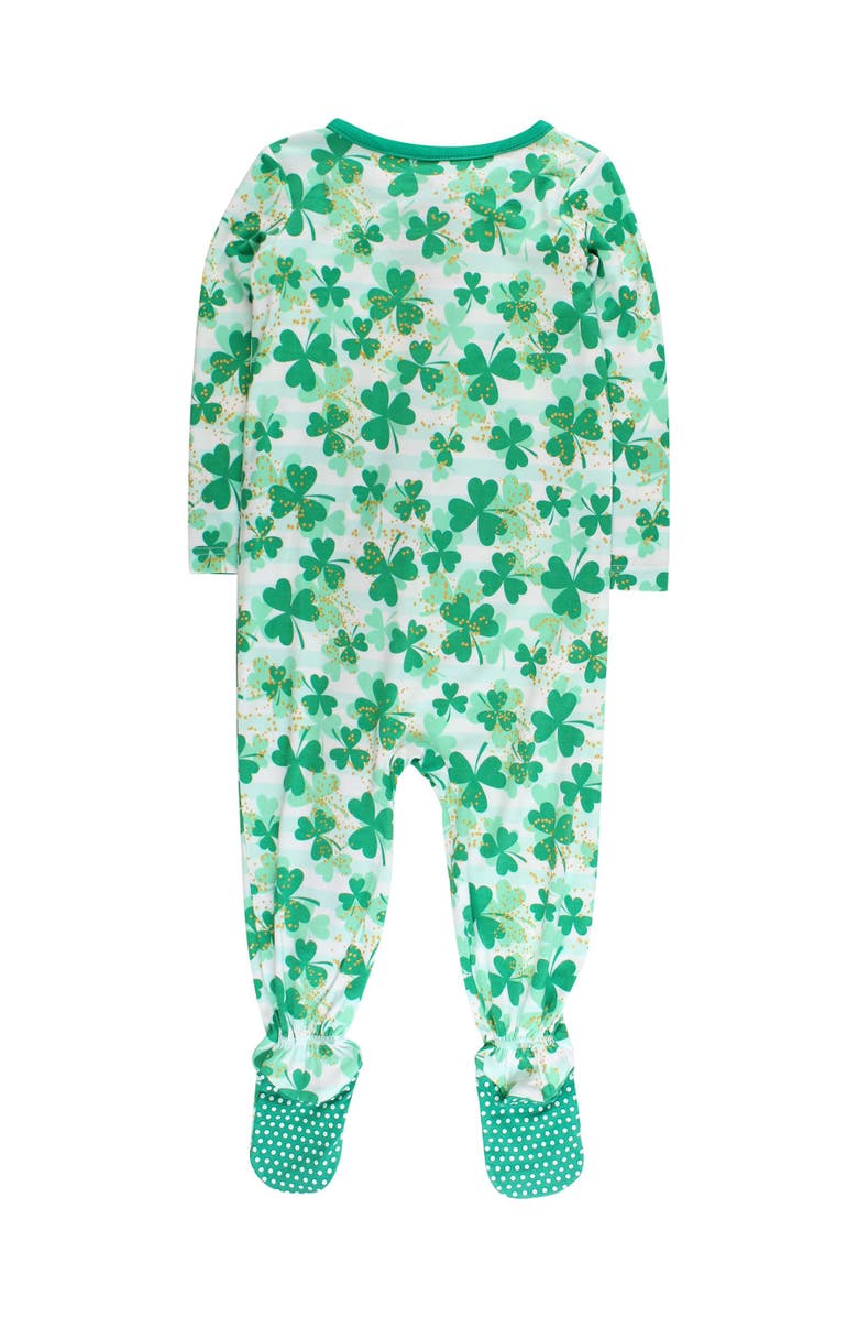 RuffleButts SoftSnooze Gender Inclusive One Piece Footie Pajamas, Alternate, color, Clover Field