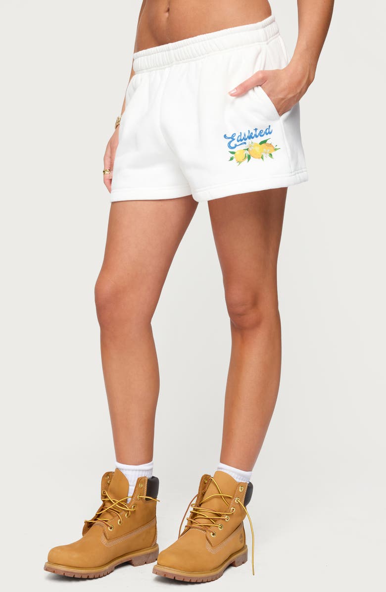 EDIKTED Squeeze the Day Sweat Shorts, Alternate, color, White