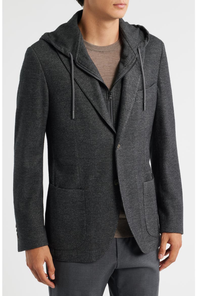 Wolsey Charcoal Grey Microcheck Knit Sport Coat with Removable Hooded Bib, Alternate, color, CHARCOAL