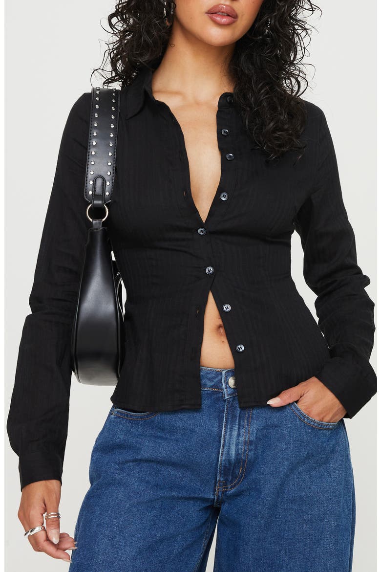 Fogler Rib Cotton Button-Up Shirt, Main, color, BLACK