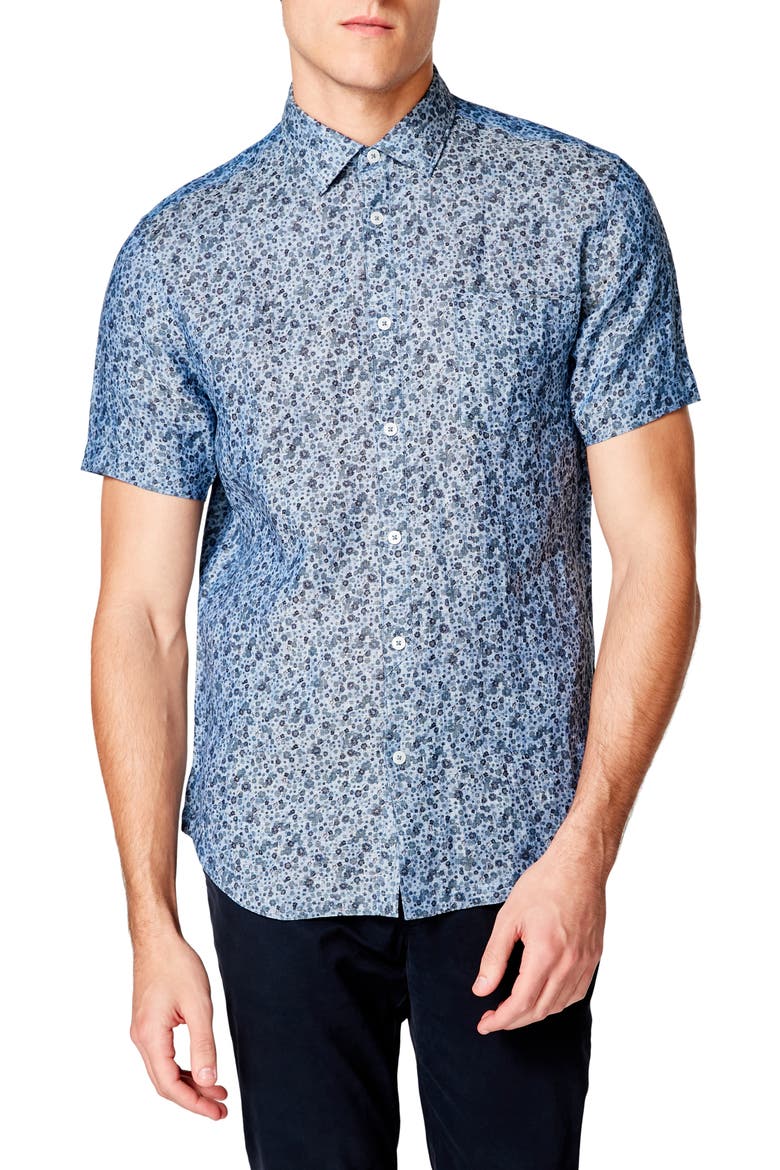 On Point Slim Fit Floral Short Sleeve Linen Button-Up Shirt, Main, color, BLUE TOPAZ DAISY PLAY