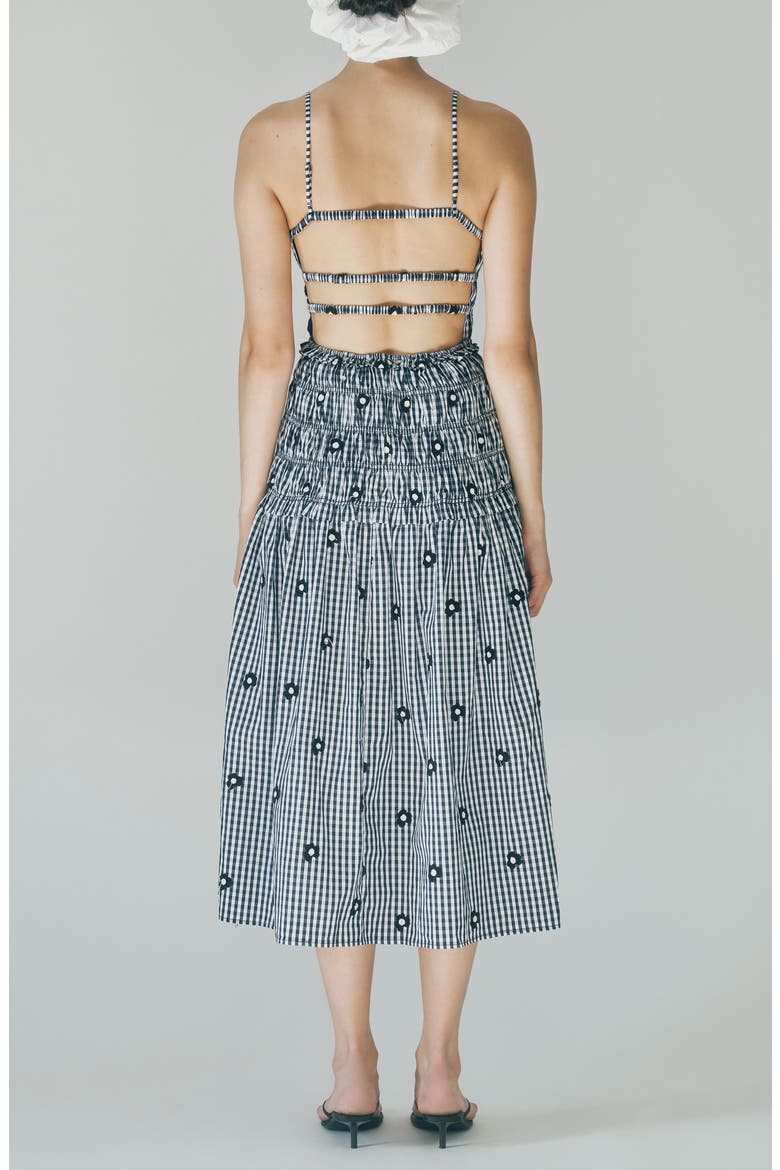 Madison Gingham Floral Embroidered Tiered Smocked Midi Dress, Alternate, color, NAVY GINGHAM