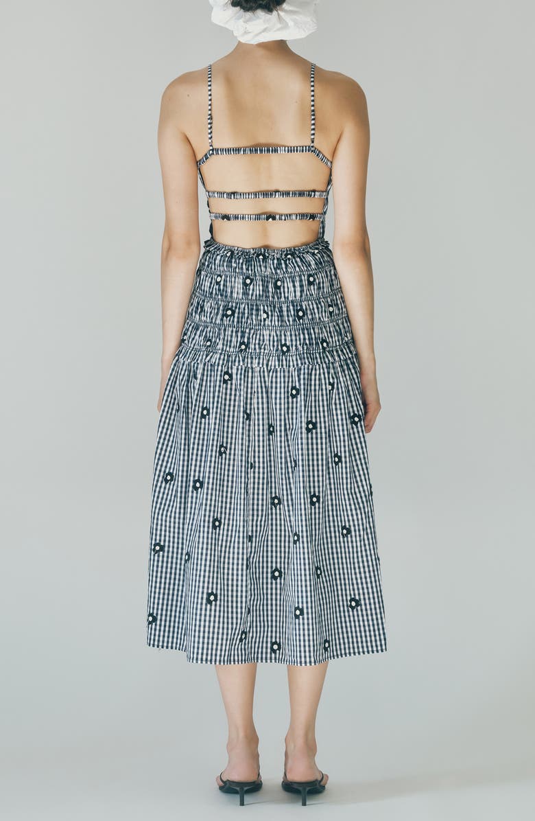 MAUDE CLUB Madison Gingham Floral Embroidered Tiered Smocked Midi Dress, Alternate, color, Navy Gingham